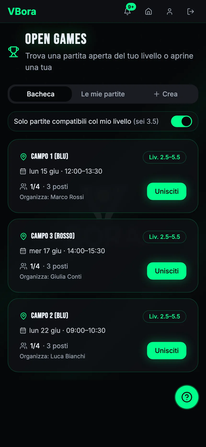 Schermata Open Games dell'app VBora