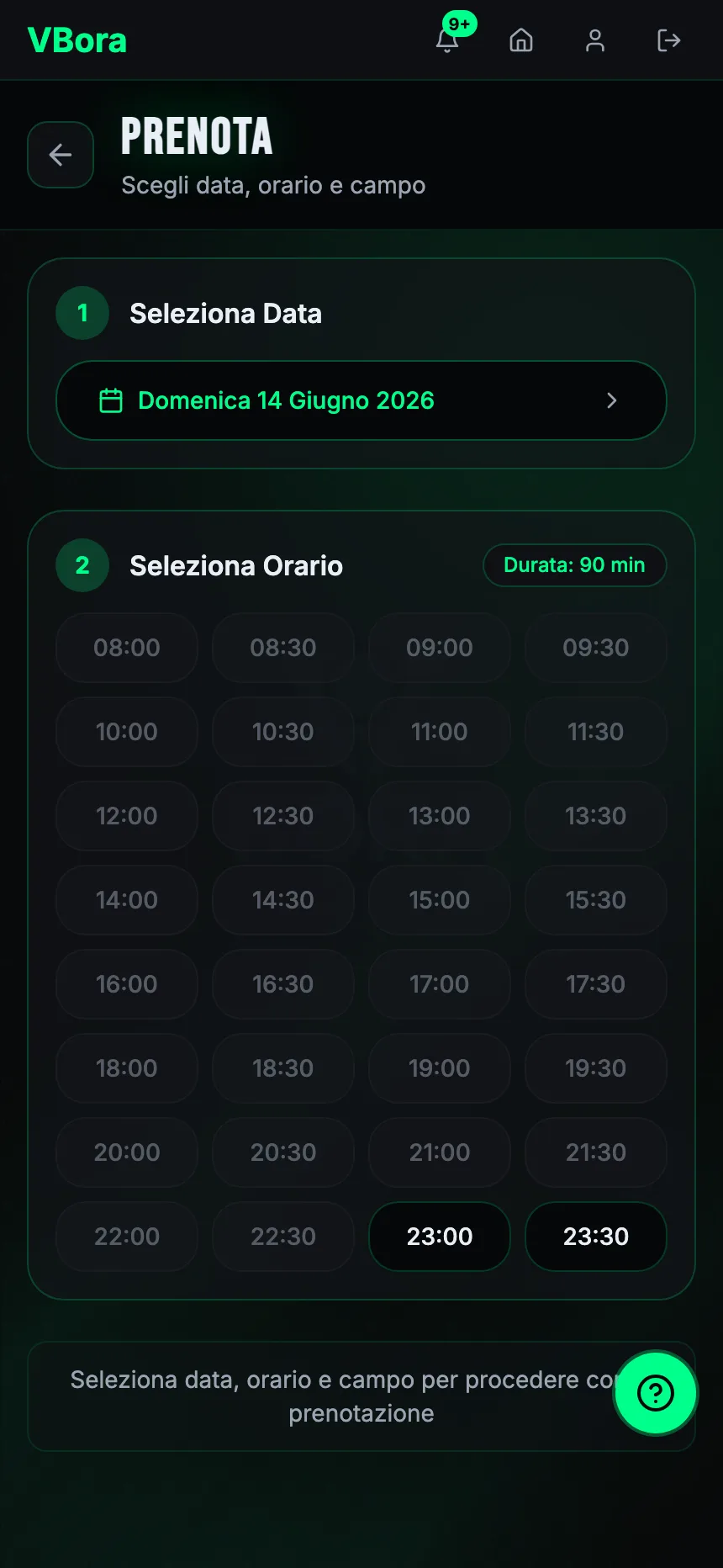 Schermata Prenota dell'app VBora